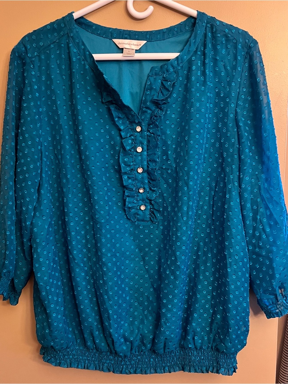 Christopher & Banks Teal Blue Polka Dot Ruffle Blouse Size XL NWOT